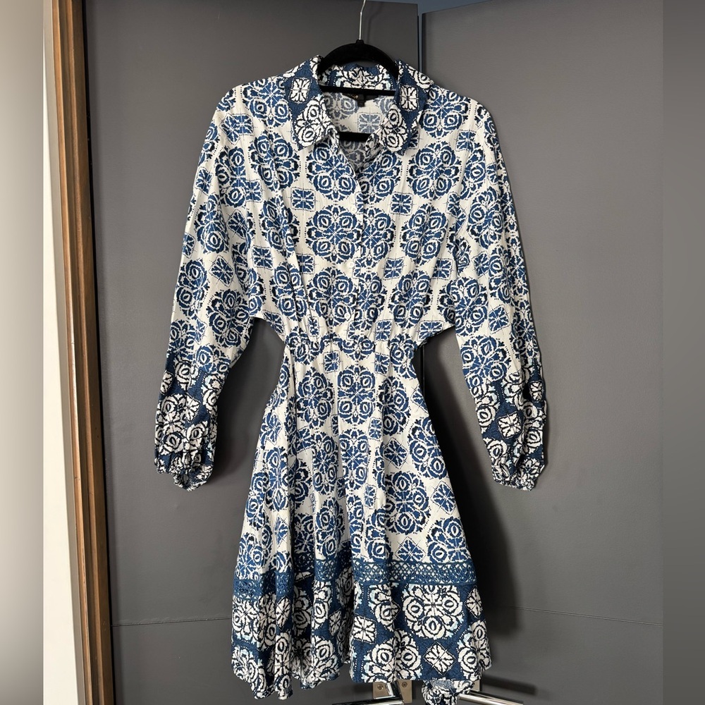 Maje White and Blue Tile-Print Long-Sleeve Shirt Dress